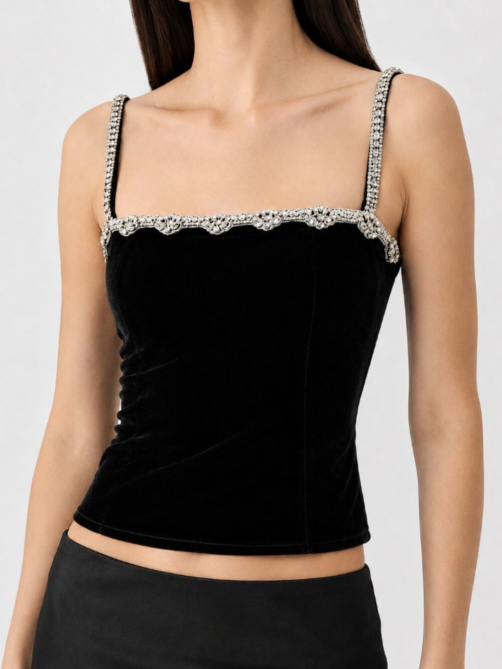 Reformation Bailee Black Velvet Top Rhinestone Trim Silk Blend Cami 4